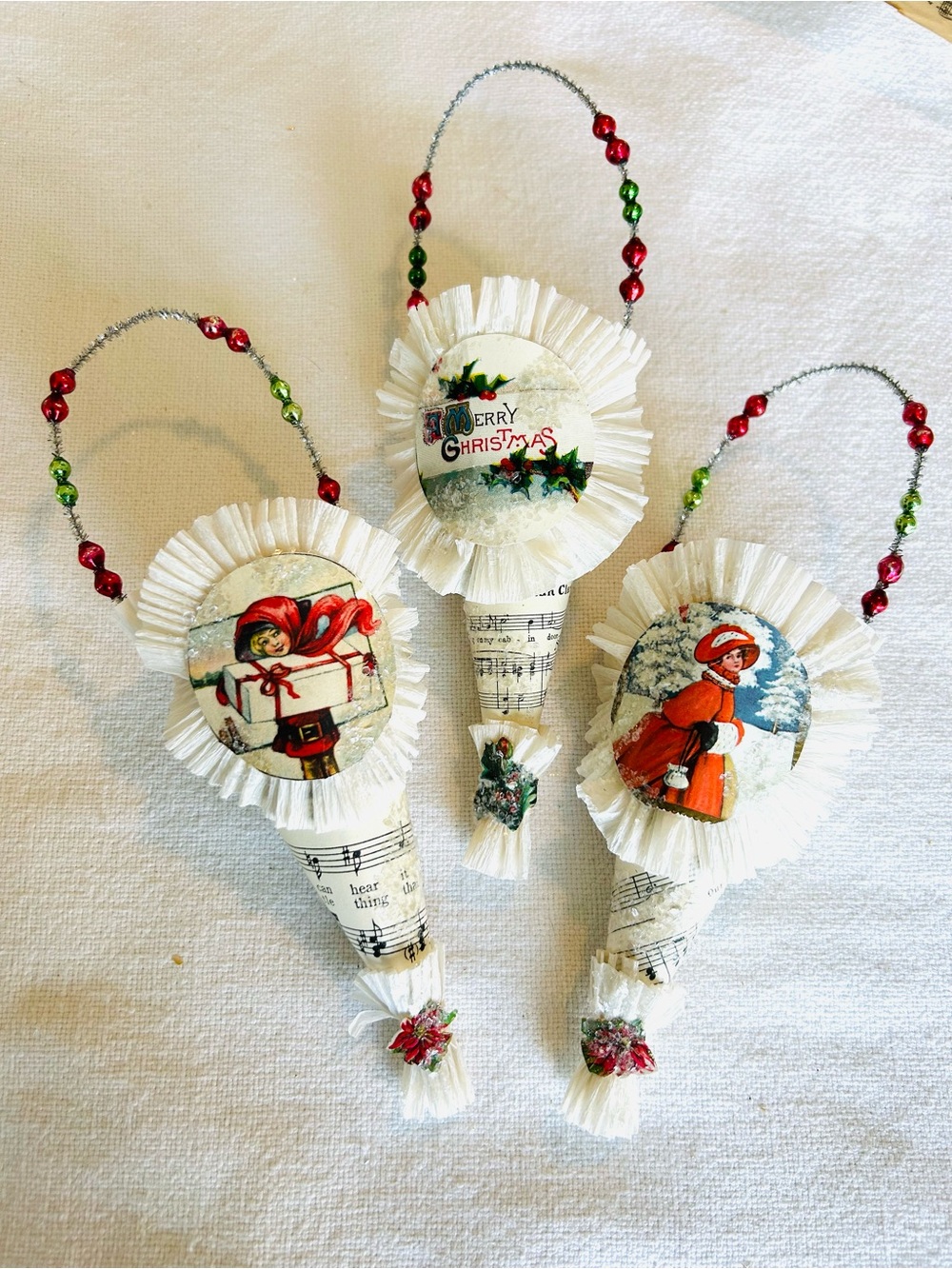 3 Vintage repurposed holiday Christmas Candy Cone Ornaments